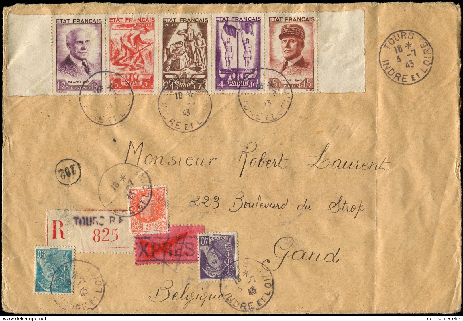 Let LETTRES DU XXe SIECLE - N°580A, 413, 521 Et 549 Obl. TOURS 3/7/43 Sur Grande Env. Pour Gand, TB - Lettres & Documents