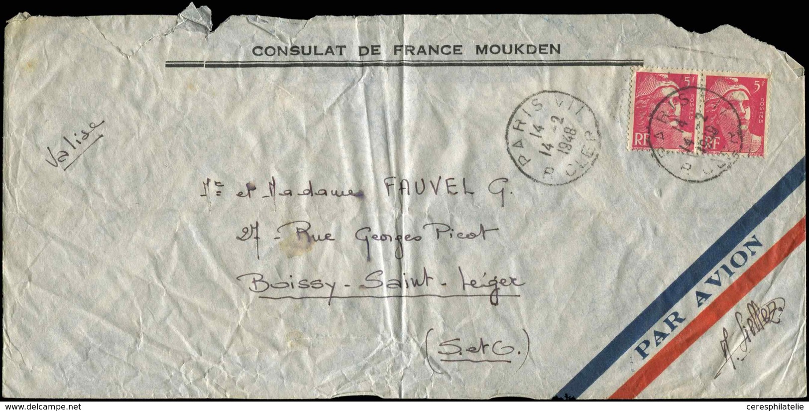 Let LETTRES DU XXe SIECLE - N°719A Obl. Paris 14/2/48 Sur Env. Par Avion Du Consulat De France à Moukden (Manchourie) Ac - Storia Postale