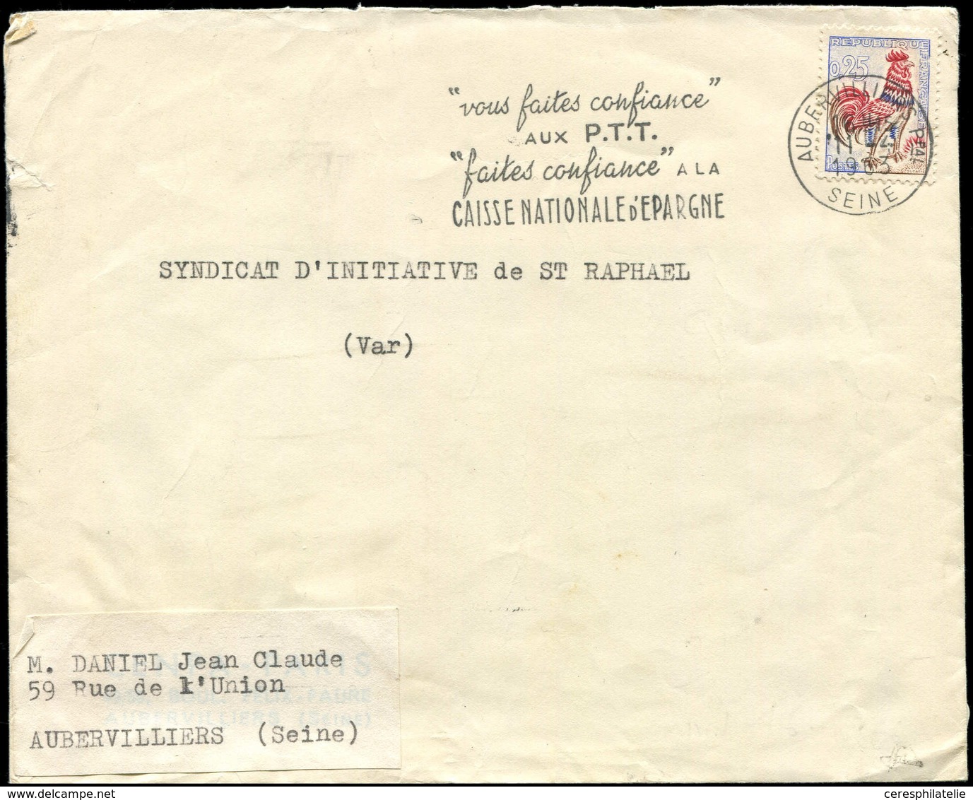 Let LETTRES DU XXe SIECLE - N°1331 Coq FLUO Obl. Méc. Aubervilliers 11/4/63 Sur Env., TB. J - Lettres & Documents