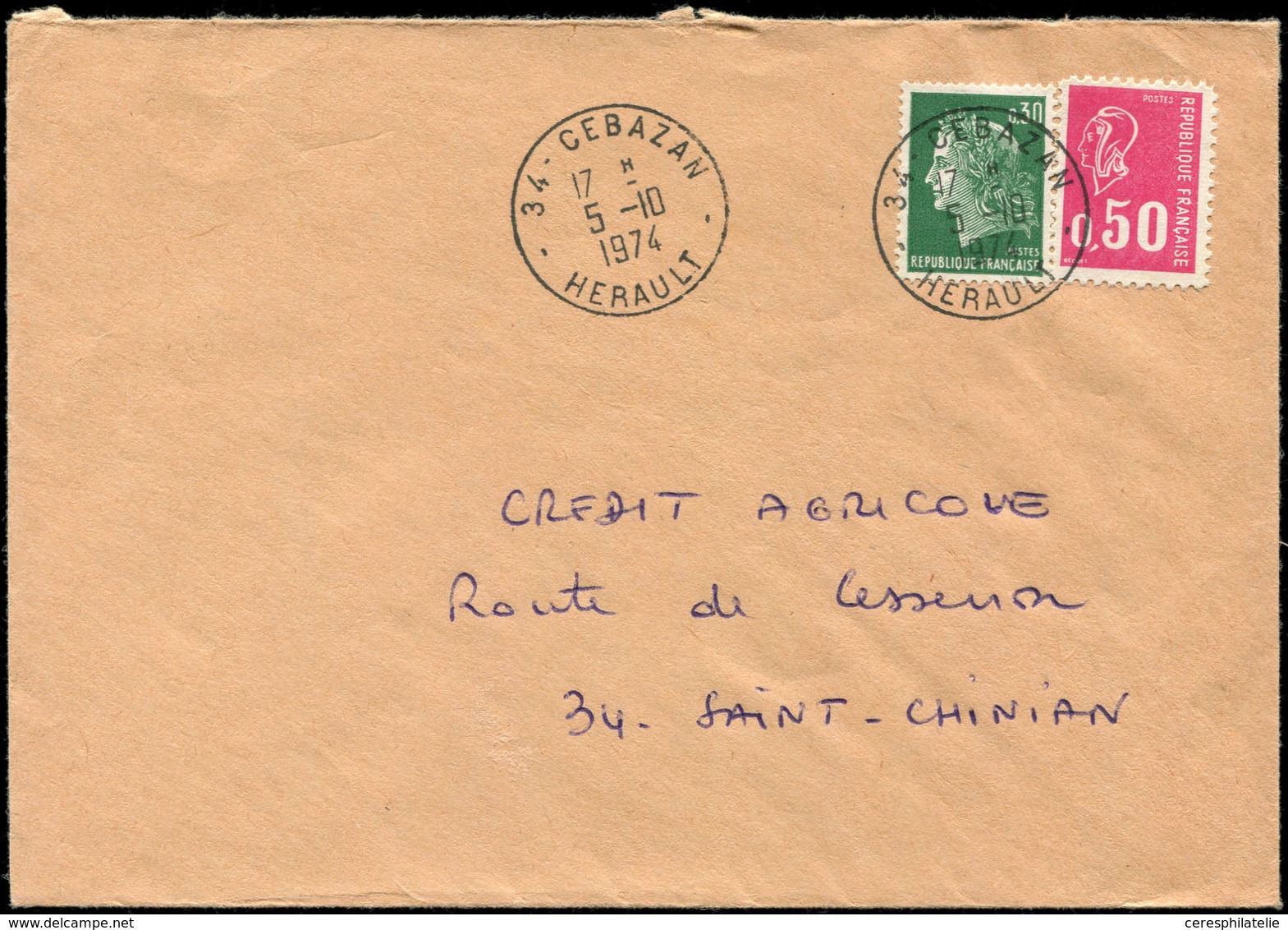 Let LETTRES DU XXe SIECLE - N°1664  Faux Pour Servir Et N°1611 Obl. Càd CEBAZAN 5/10/74 S. Env., TB - Storia Postale