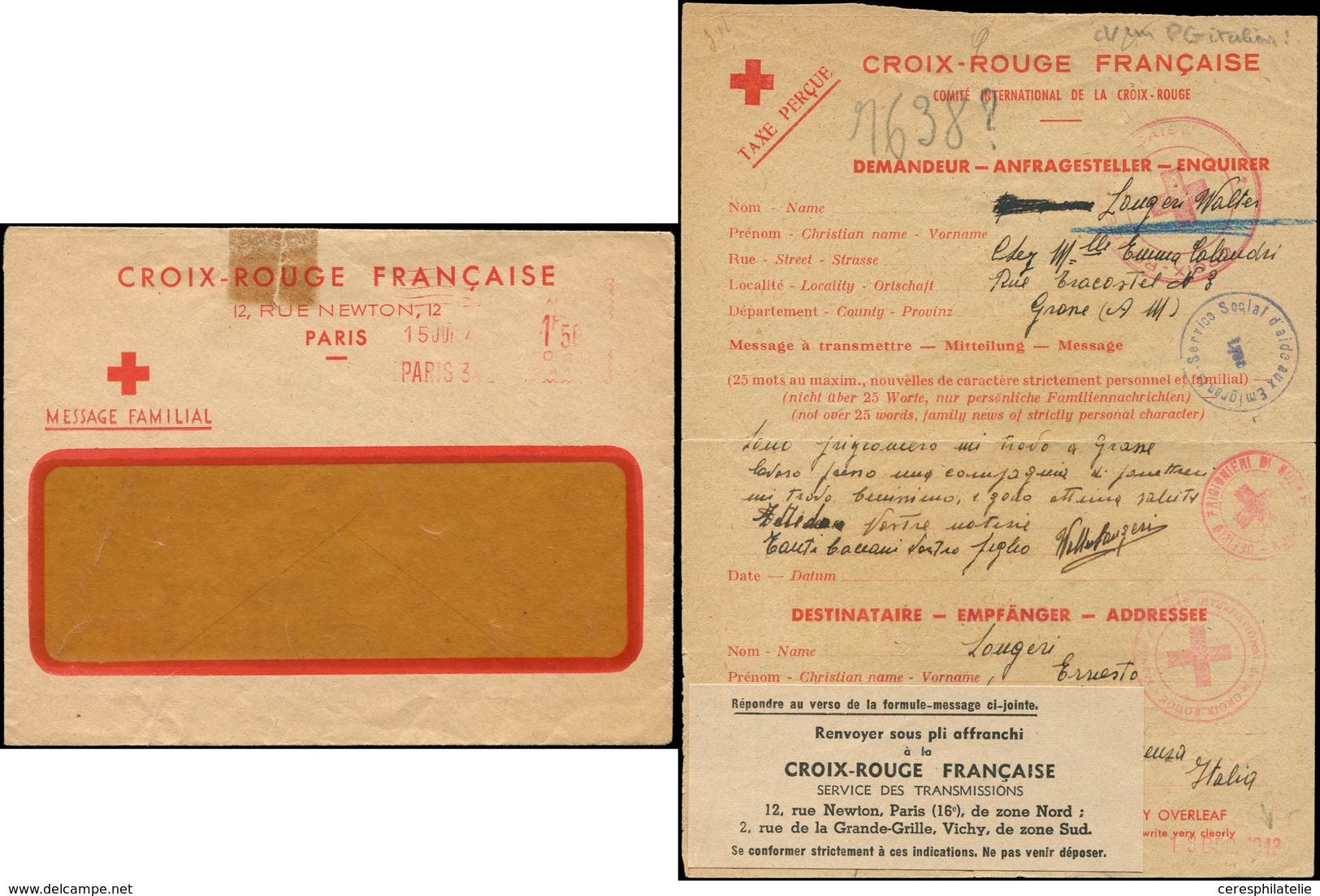 Let Guerre 1939/1945 - Message Croix-Rouge France-Italie Avec Son Env. De Réexp., Paris 1943, Tache Au Recto, TB - Guerre De 1939-45