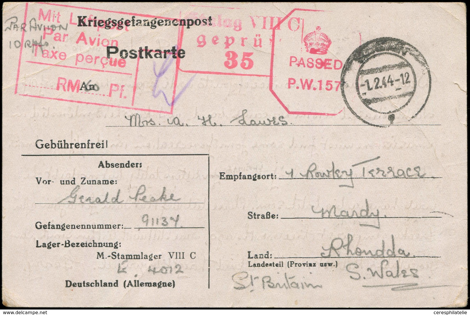 Let Guerre 1939/1945 - Formule Kriegsgefangenenpost En Provenance Du Stalag VIII C, Cachet Mit Luftpost/Par Avion/Taxe P - Guerre De 1939-45