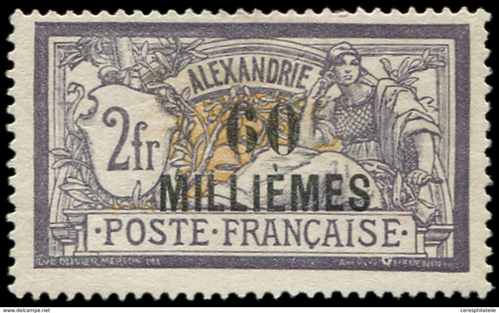 * ALEXANDRIE 59 : 60m. Sur 2f. Violet Et Jaune, Ch. Un Peu Forte Mais Timbre RR, TB, Certif. JF Brun - Autres & Non Classés