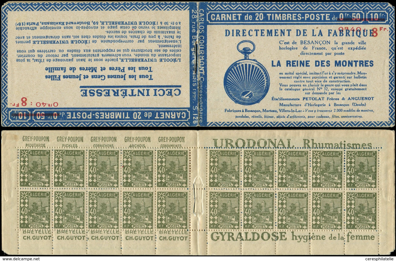 ALGERIE Carnet 9D : 40c. Olive, S. 126, REINE Des MONTRES, Petites Encoches En Angle, Sinon TB, Cote Et N° Maury - Autres & Non Classés