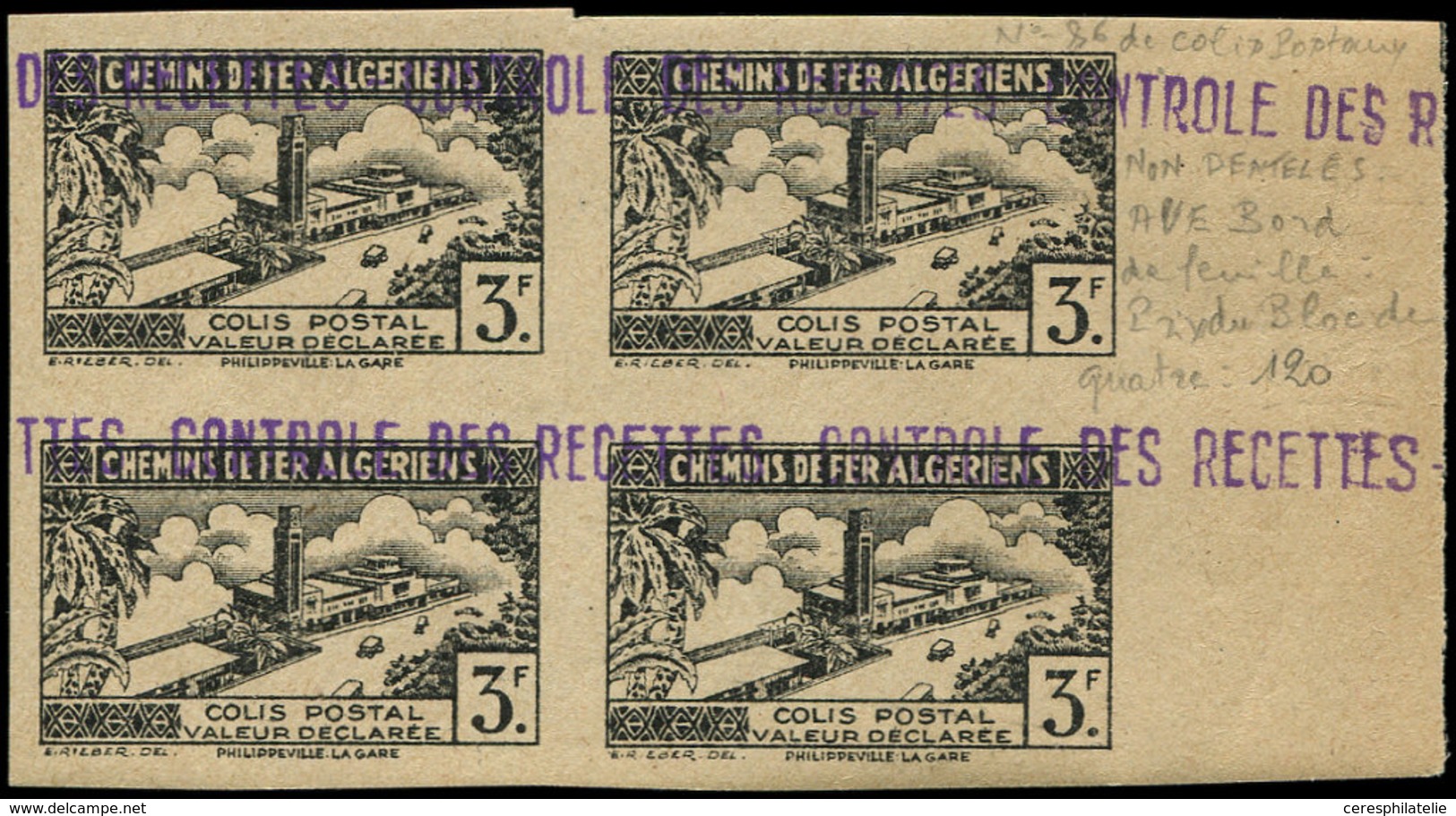 ** ALGERIE Colis Px 86 : 3f. Noir, BLOC De 4 NON DENTELE Bdf, TB - Colis Postaux