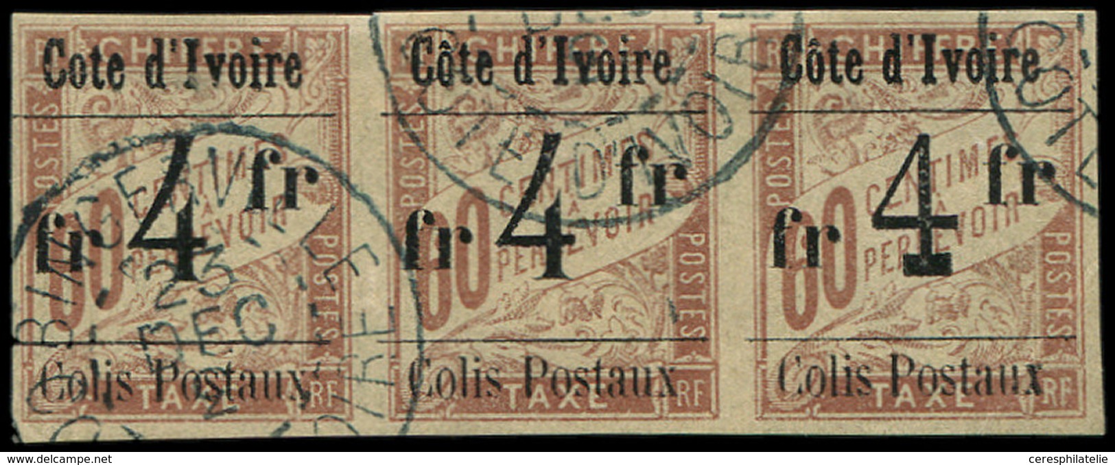 COTE D'IVOIRE Colis Px 11 : 4f. Sur 60c. Brun Sur Chamois, BANDE De 3 Avec T III, T III SANS Accent Sur Le 0 Et T IV Se - Autres & Non Classés