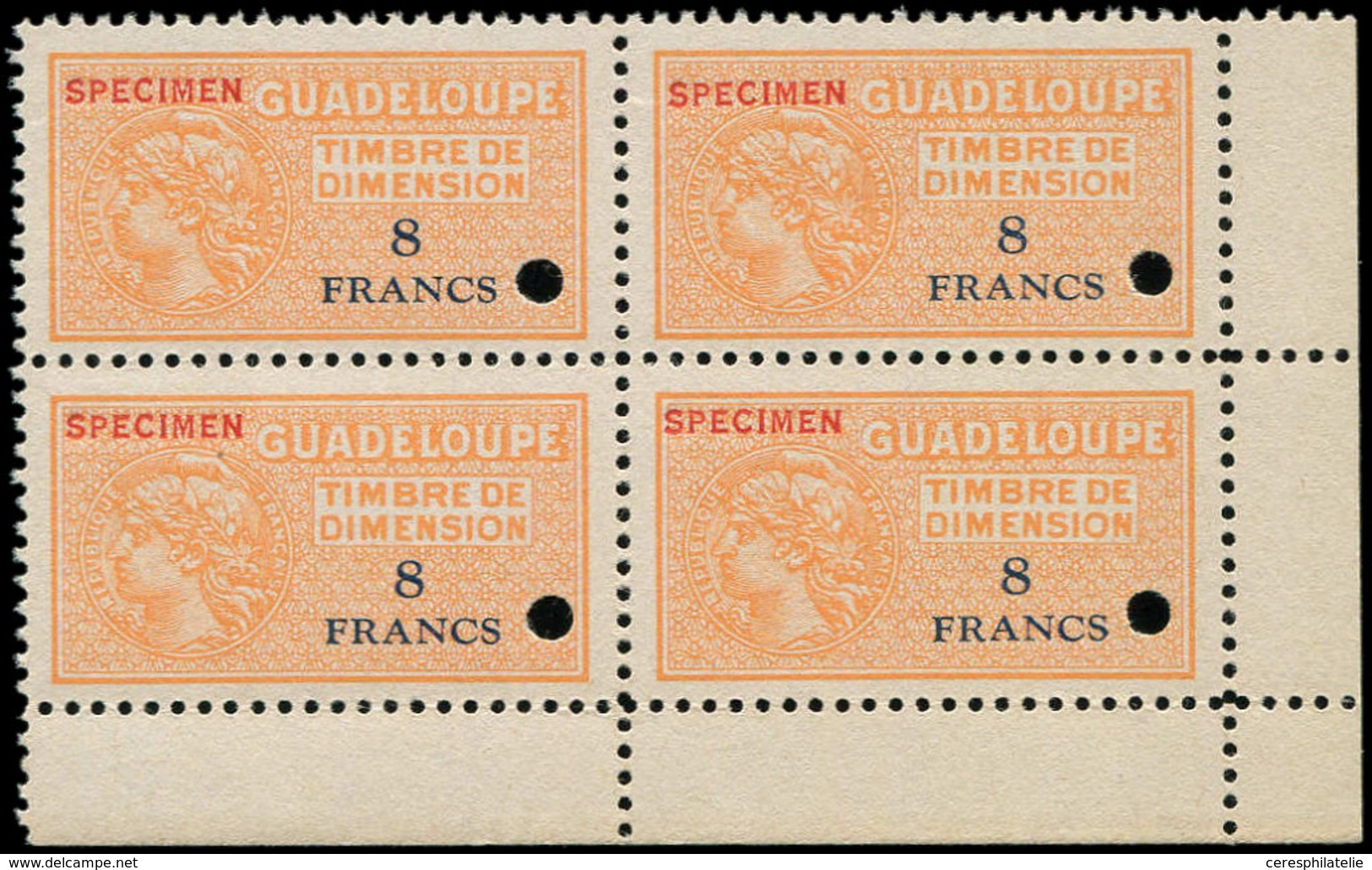 ** GUADELOUPE Timbre De Dimension, 8f. Orange Surch. SPECIMEN En Rouge, BLOC De 4 Cdf, Annulé à L'emporte Pièce, TB - Autres & Non Classés