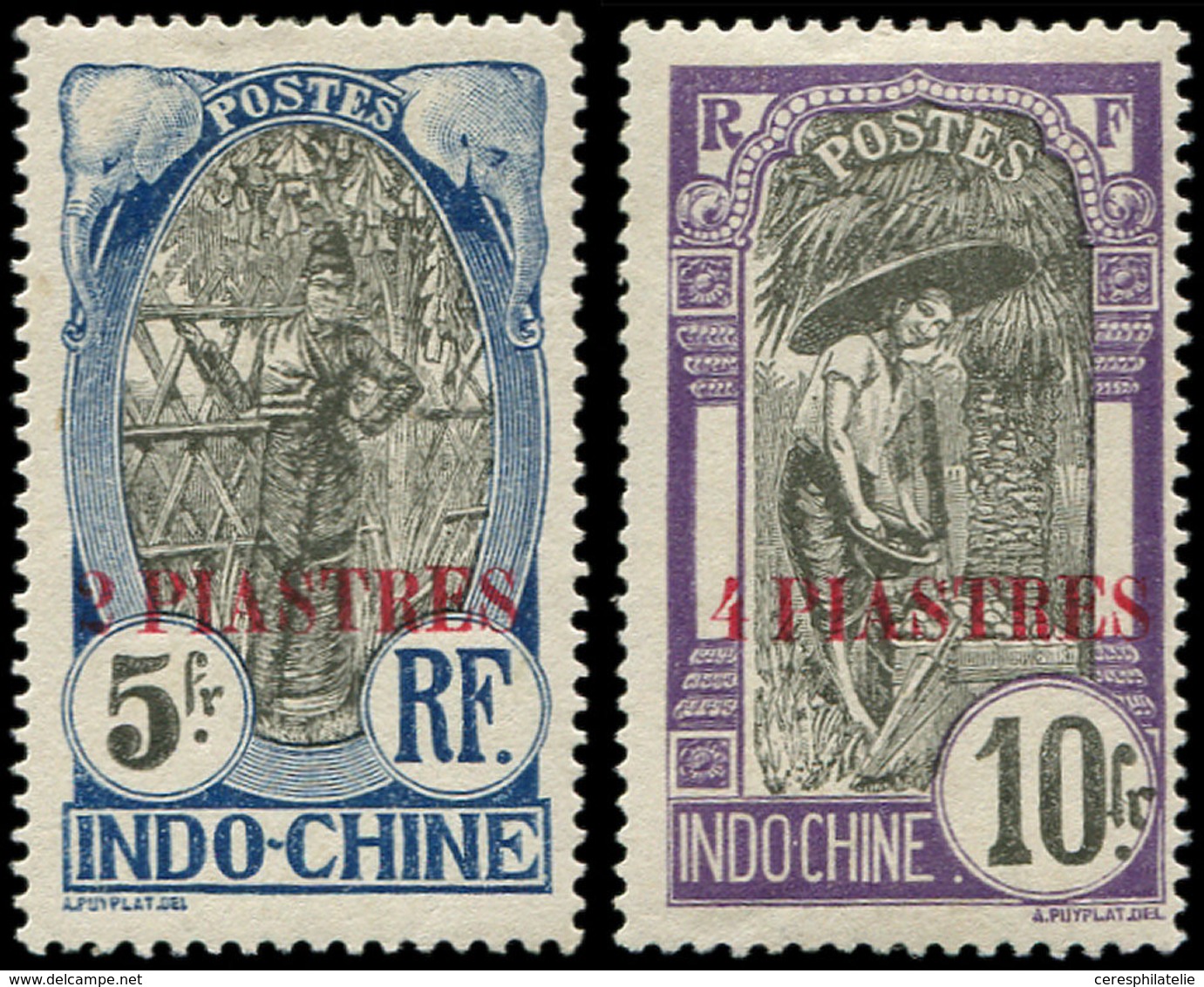 * INDOCHINE 88/89 : 2pi. Sur 5f. Bleu Et 4pi. Sur 10f. Violet, TB. Br - Autres & Non Classés