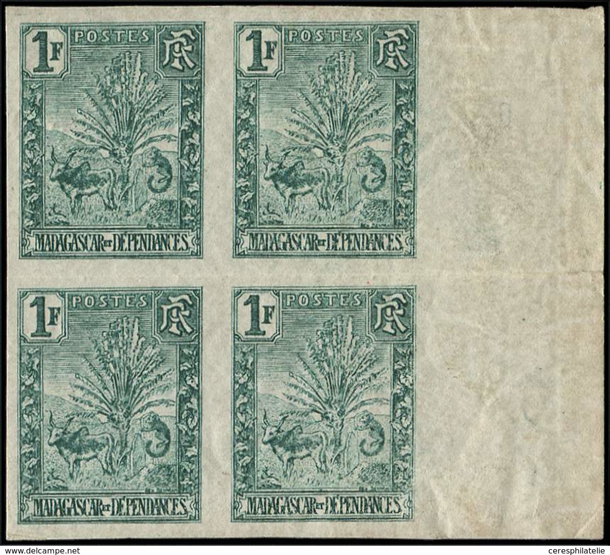 * MADAGASCAR 75a : 1f. Vert, BLOC De 4 NON DENTELE Bdf, Pli Entre Les Timbres, TB - Altri & Non Classificati