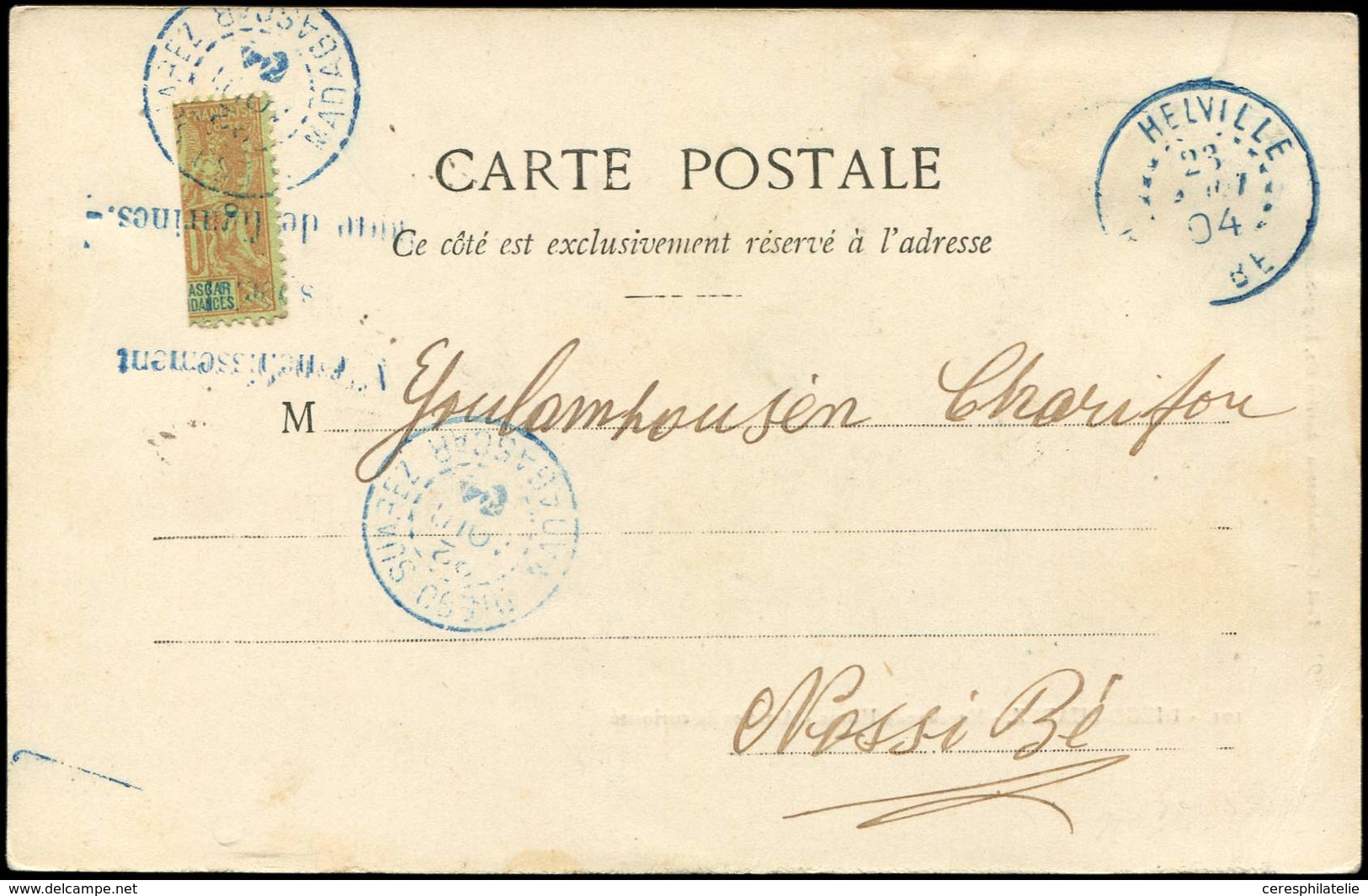 Let MADAGASCAR 84 : Moitié De 20c. Brique S. Vert Obl. DIEGO SUAREZ S. CP Avec Càd HELVILLE NOSSI-BE, 1904, TB - Other & Unclassified