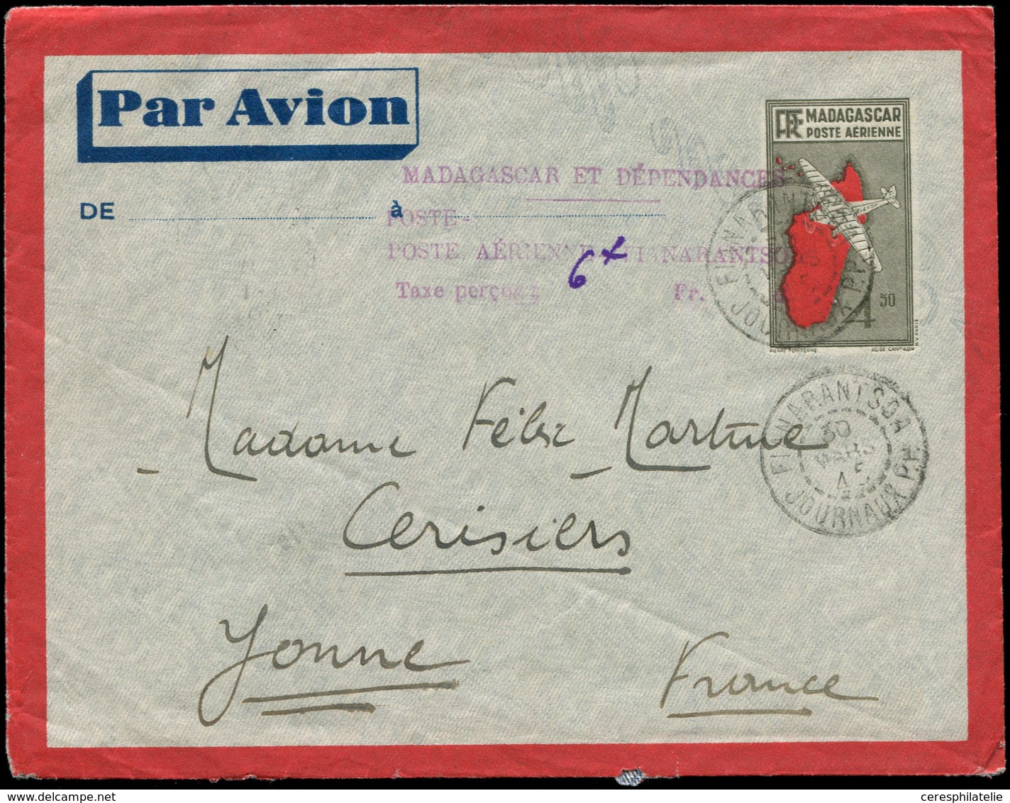 Let MADAGASCAR PA : Env. Entier 4f50 Noir Et Rouge Obl. FIANARANTSOA/JOURNAUX P.P. 30/3/45, Griffe "Poste Aérienne FIANA - Autres & Non Classés