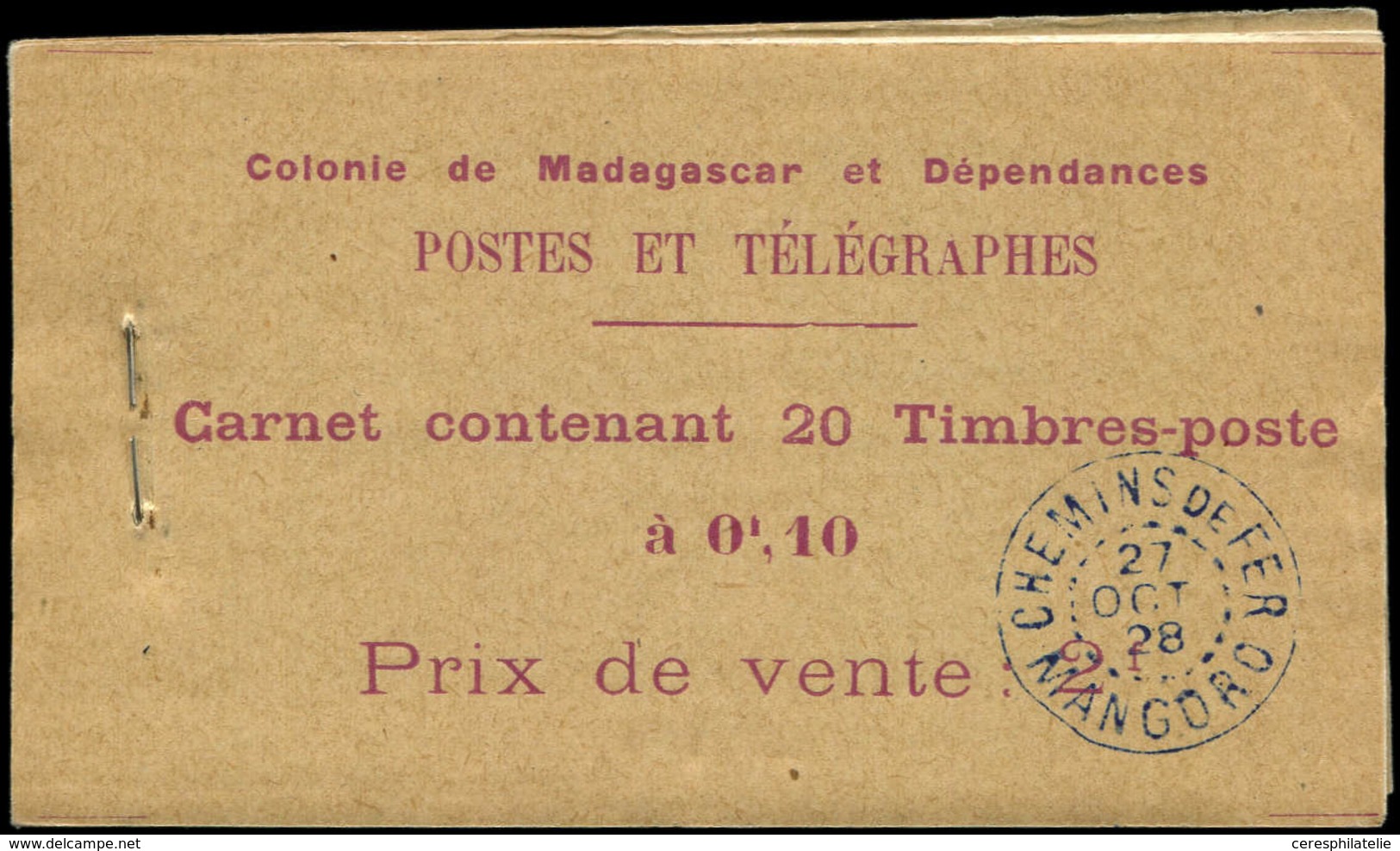 MADAGASCAR Carnet 5 : 10c. Brun Et Violet, Carnet De 20 Obl. Càd CHEMINS De FER MANGORO 27/10/28 S. La Couv., TB, Cote E - Autres & Non Classés