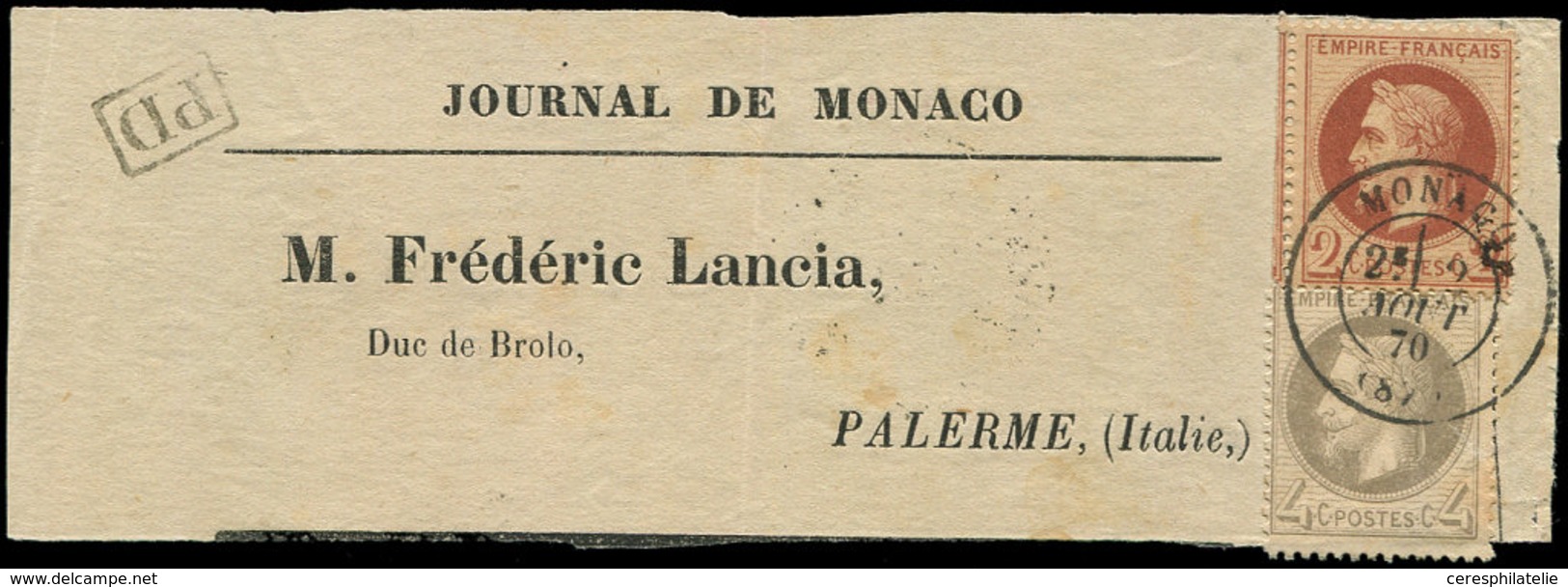 Let MONACO France N°26A Et 27A Obl. Càd T17 MONACO 2/8/70 Sur Bande Journal De MONACO, Pour Palerme, Superbe - ...-1885 Préphilatélie
