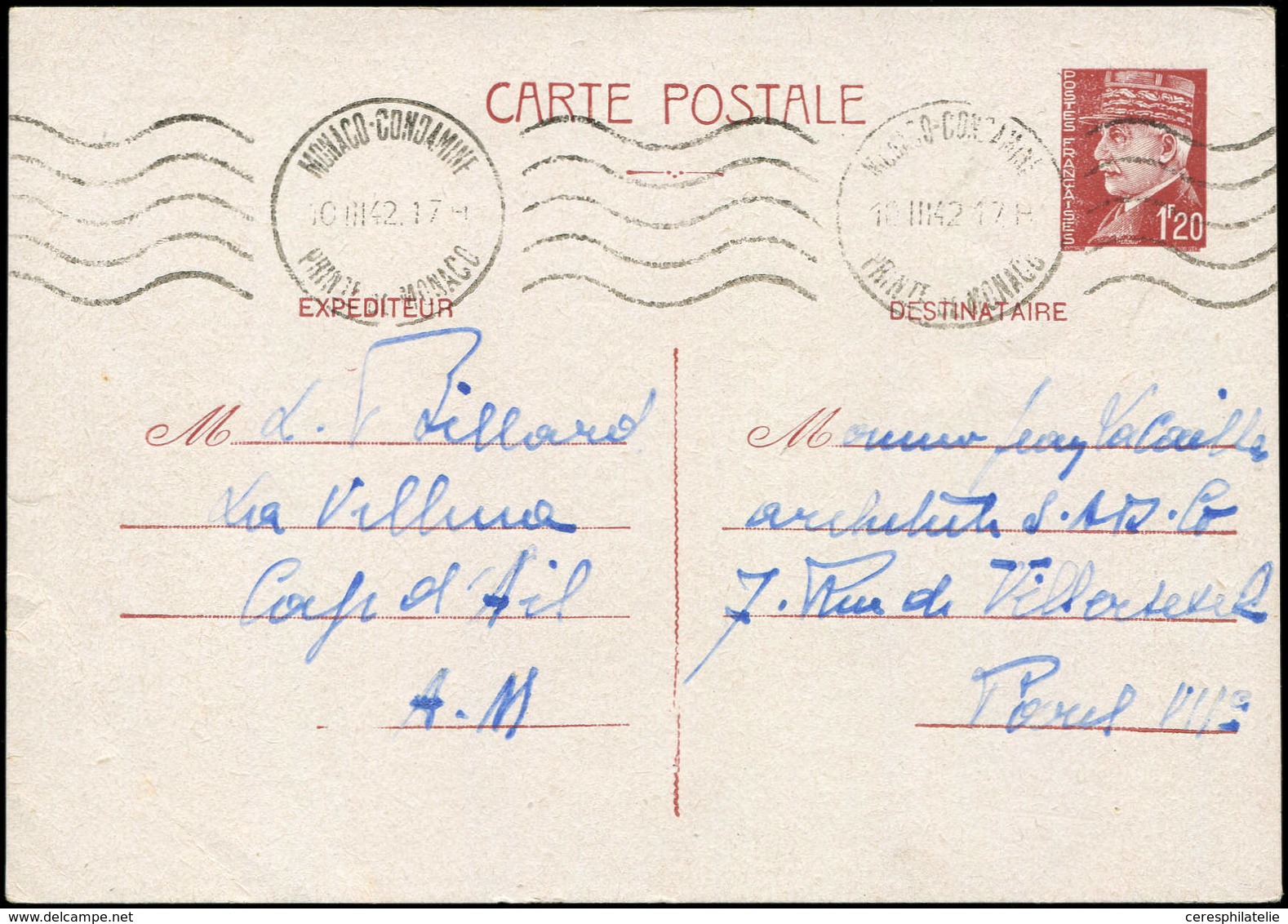 Let MONACO CP Entier De France 1f20 Brun-rouge Obl. Méc. MONACO-CONDAMINE 10/3/42, TB - ...-1885 Precursori