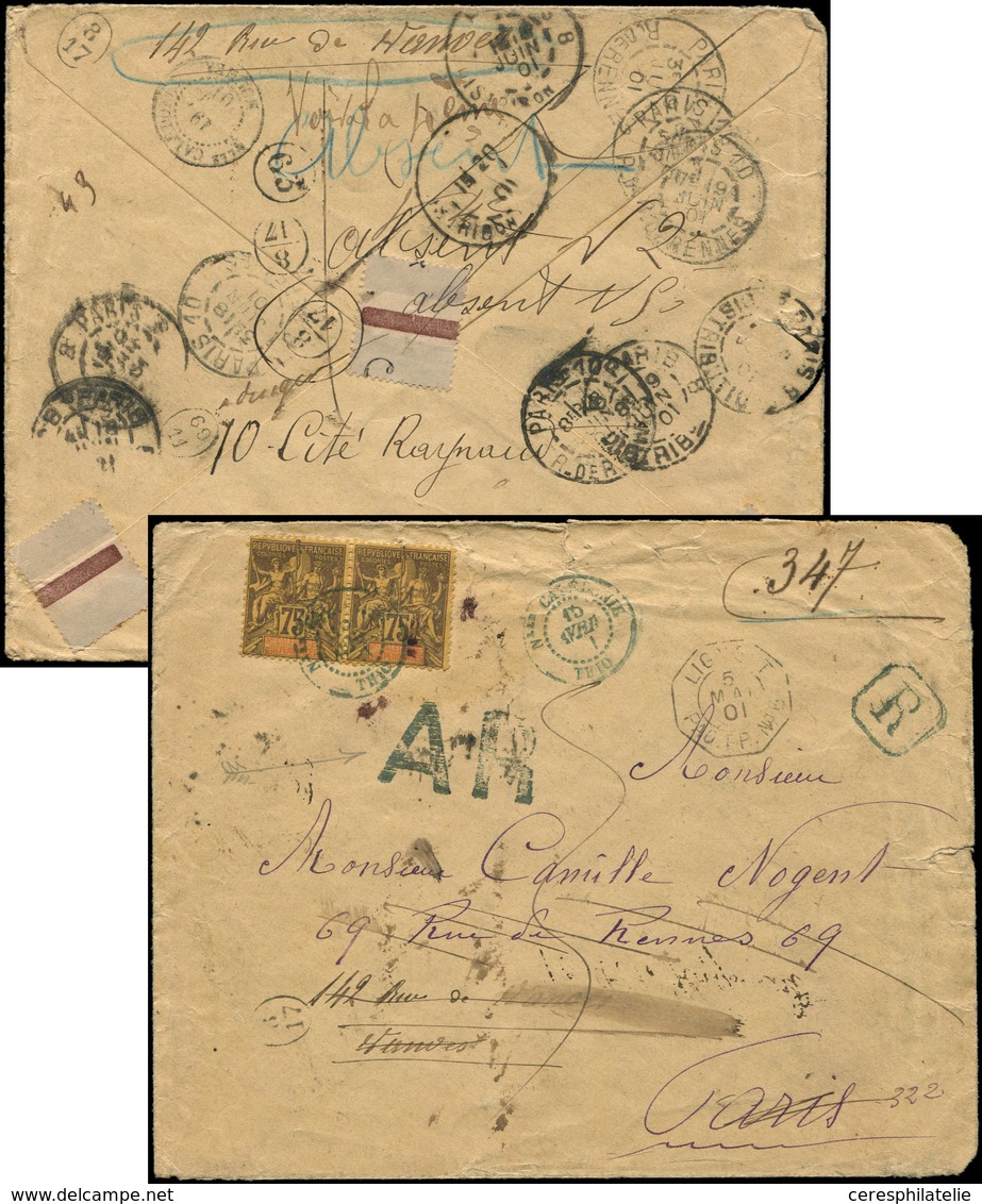 Let NOUVELLE CALEDONIE 52 : 75c. Violet S. Jaune, PAIRE Obl. Càd Bleu THIO 15/4/01 S. Env. Rec. Cachet AR, Au Verso 16 C - Lettres & Documents