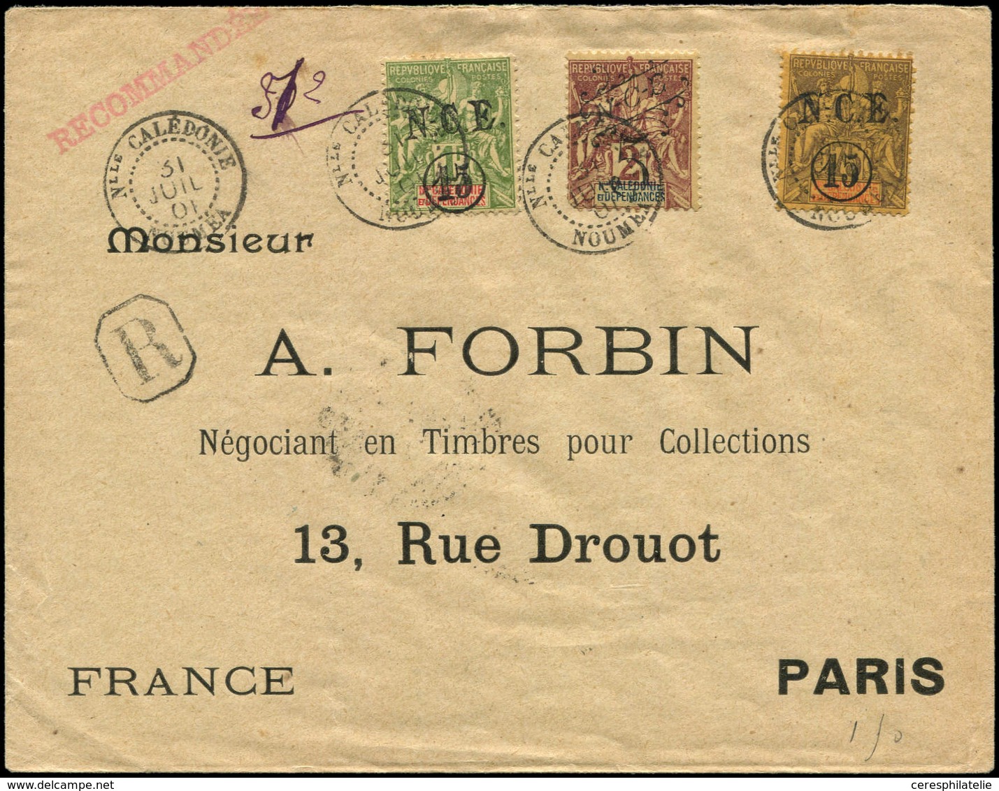 Let NOUVELLE CALEDONIE 54, 55, 57 Et 58 Obl. NOUMEA 31/7/01 S. Env. Rec., Arr. Paris Le 10/9, TB - Lettres & Documents