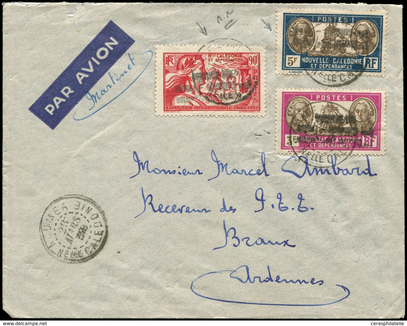 Let NOUVELLE CALEDONIE 162, 163 Et 174 Surch. 1er Courrier 100 % Aérien/Nouvelle Calédonie-France Via Australie, Obl. NO - Lettres & Documents