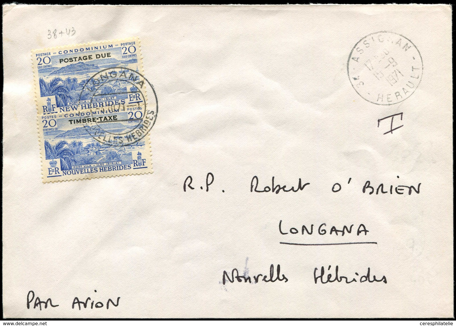 Let NOUVELLES HEBRIDES Taxe 38 Et 43 : 20c. Outremer Obl. LONGANA 4/10/71 S. Env., Càd ASSIGNAN 15/9/71, TB - Autres & Non Classés