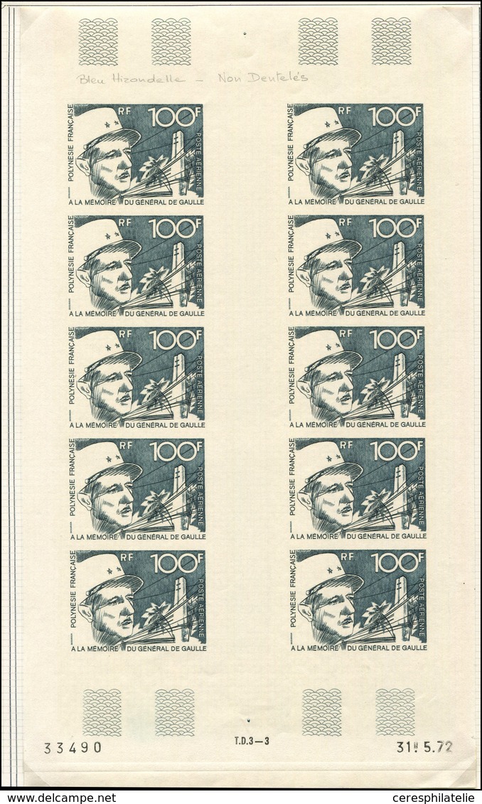 ** POLYNESIE FRANCAISE PA 70 : De Gaulle, 100f. Gris, NON DENTELE, FEUILLE De 10 CD 31/5/72, TB - Neufs