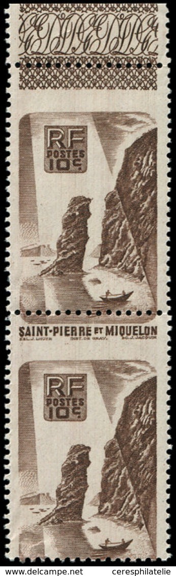 ** SAINT PIERRE ET MIQUELON 325 : 10c. Brun, PIQUAGE à CHEVAL, PAIRE Verticale Bdf, TB, Cote Maury - Neufs