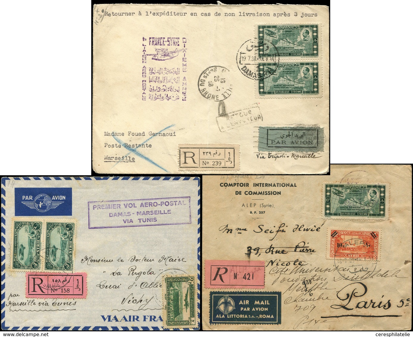 Let SYRIE 2 Lettres Par Avion De 1928 Avec Cachets 1er Vols (2 Différents), TB - Autres & Non Classés