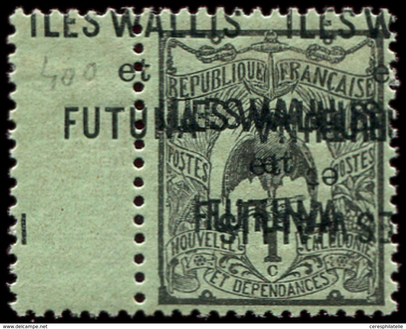 * WALLIS ET FUTUNA 1b : 1c. Noir Sur Vert, QUADRUPLE Surcharge Dont Une RENVERSEE, Bdf, TB - Neufs