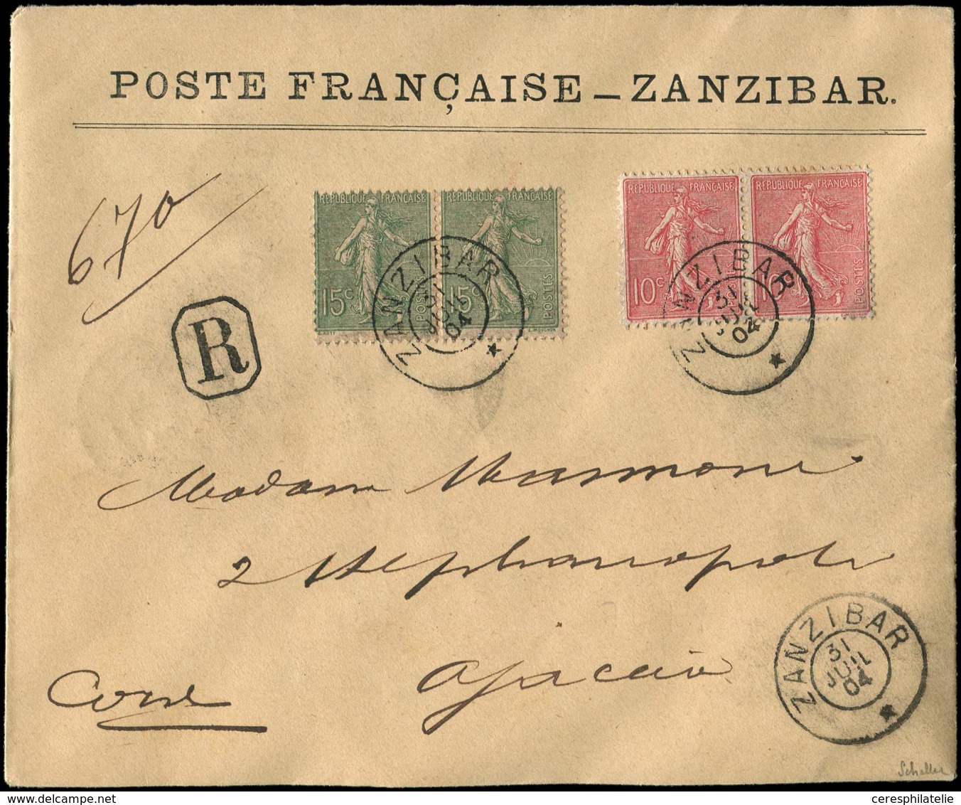 Let ZANZIBAR France N°129/30 En PAIRES Obl. ZANZIBAR 31/7/04 S. Env. Rec., Arr. En Corse Le 29/8, Dernier Jour Du Bureau - Lettres & Documents