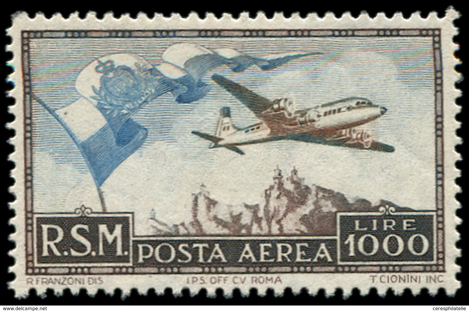 * SAINT MARIN PA 88 : 1000l. Brun Et Bleu, TB - Posta Aerea