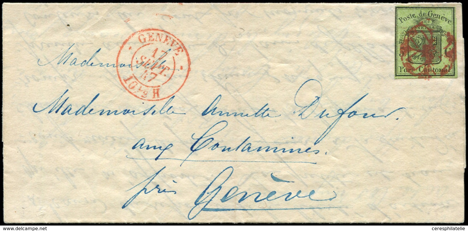 Let SUISSE 3 : 5c. Vert, Filet De Gauche Touché, Obl. Rosette Rouge Sur LAC, Càd Rouge GENEVE 17/9/47, TB - 1843-1852 Federal & Cantonal Stamps