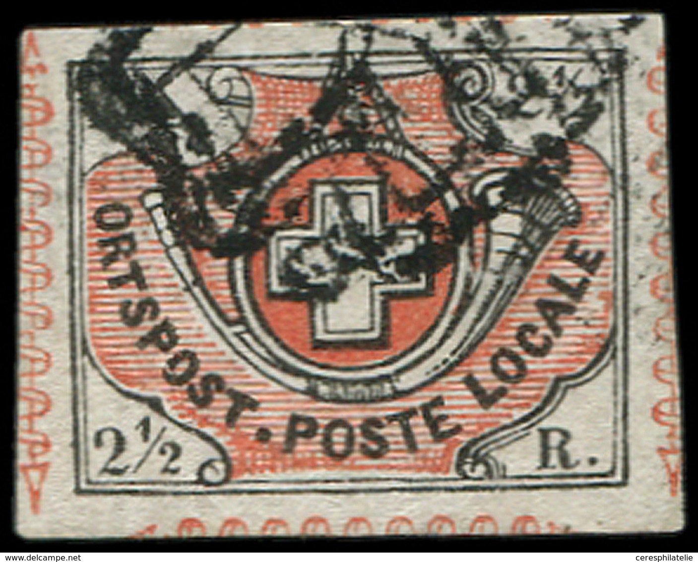 SUISSE 11 : 2 1/2r. Noir Et Rouge, Obl., Cote SBK 5400 FS, TB, Certif. Scheller - 1843-1852 Timbres Cantonaux Et  Fédéraux