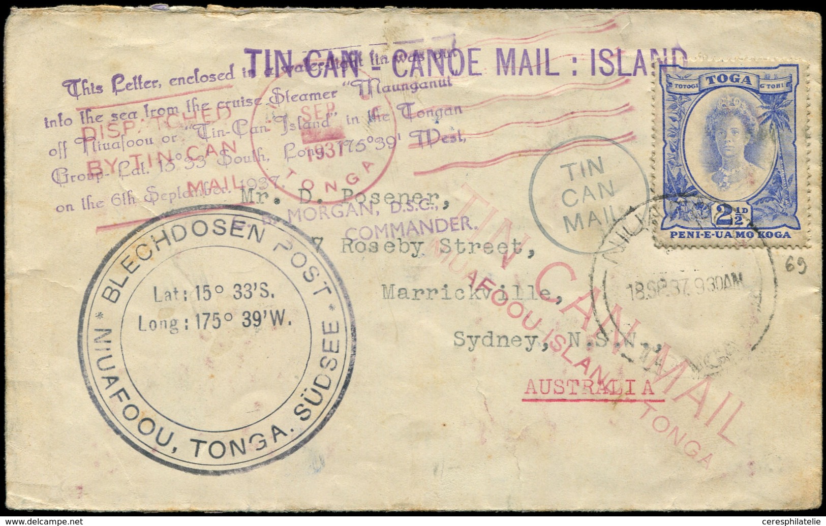 Let TONGA 69 : 2 1/2p. Outremer Obl. NIUAFOOU 18/9/37 S. Env. Pour L'Australie, Cachets Divers Dont TIN CAN CANOE MAIL : - Tonga (...-1970)