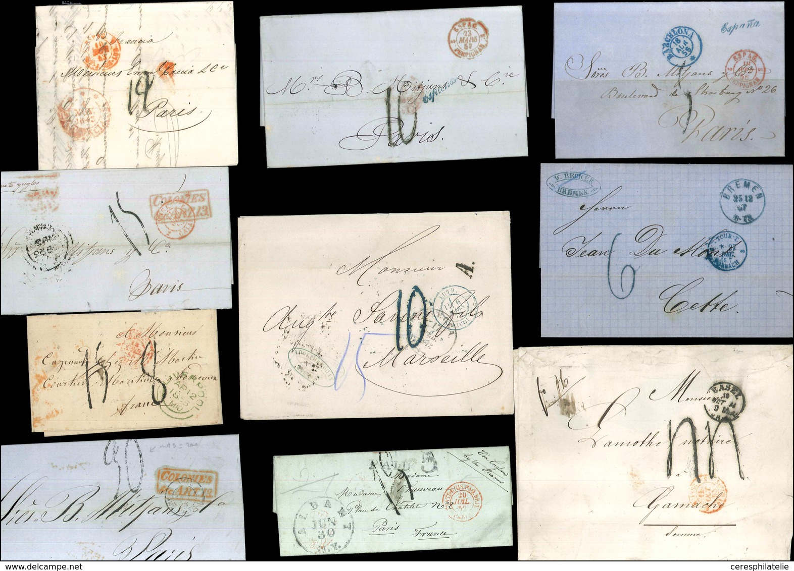 Let 10 Lettres En Provenance De L'Etranger Avec Taxe Tampon (toutes Difftes) + Marques Diverses, 1843-72, TB - Collections (en Albums)