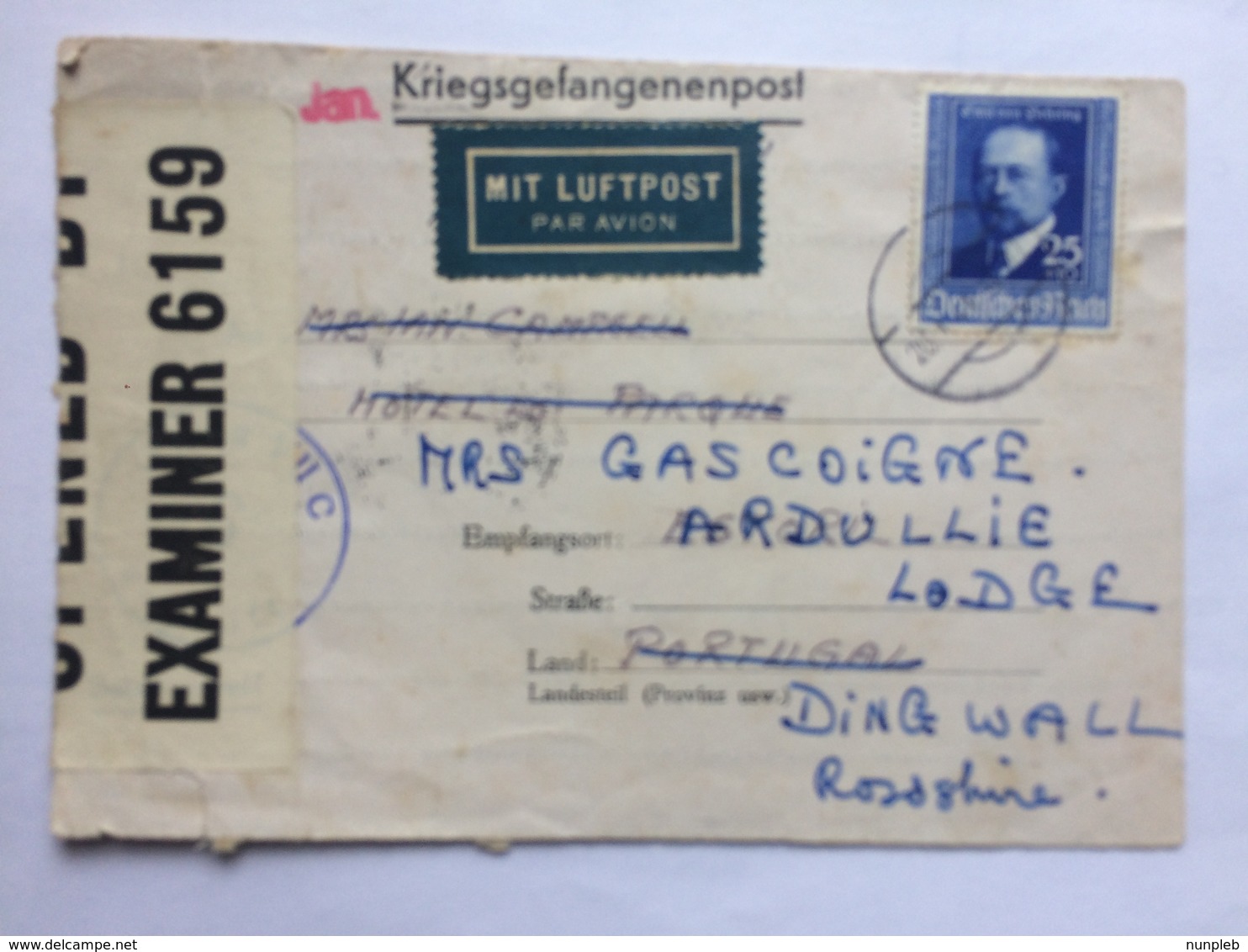 GERMANY Undercover Mail Air Mail Kriegsgefangenenpost To Portugal Re-directed To Scotland - Covers & Documents