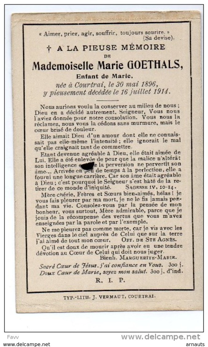 Mademoiselle Marie Goethals ° 30/5/1896 Kortrijk Courtrai + 16/7/1914 - Obituary Notices