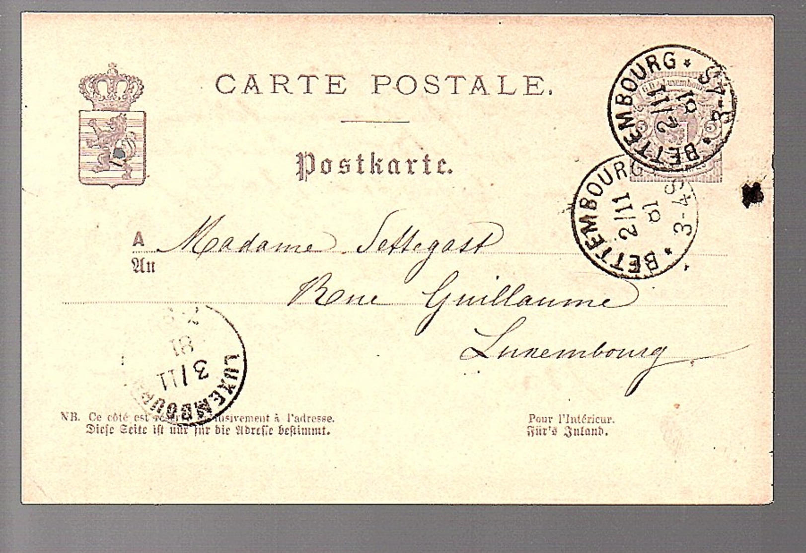 1881 BETTENBURG  > Settegast Rene Guillaume  (550) - Entiers Postaux