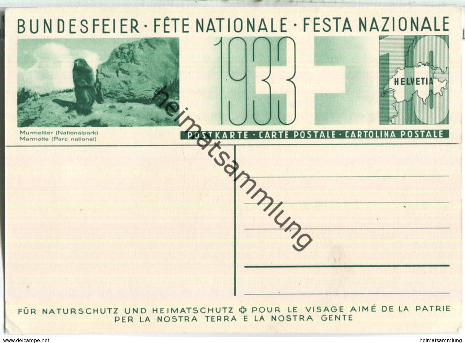 Bundesfeier-Postkarte 1933 - 10 Cts - Für Natur- Und Heimatschutz - Murmeltier - Steinbock - Ganzsachen