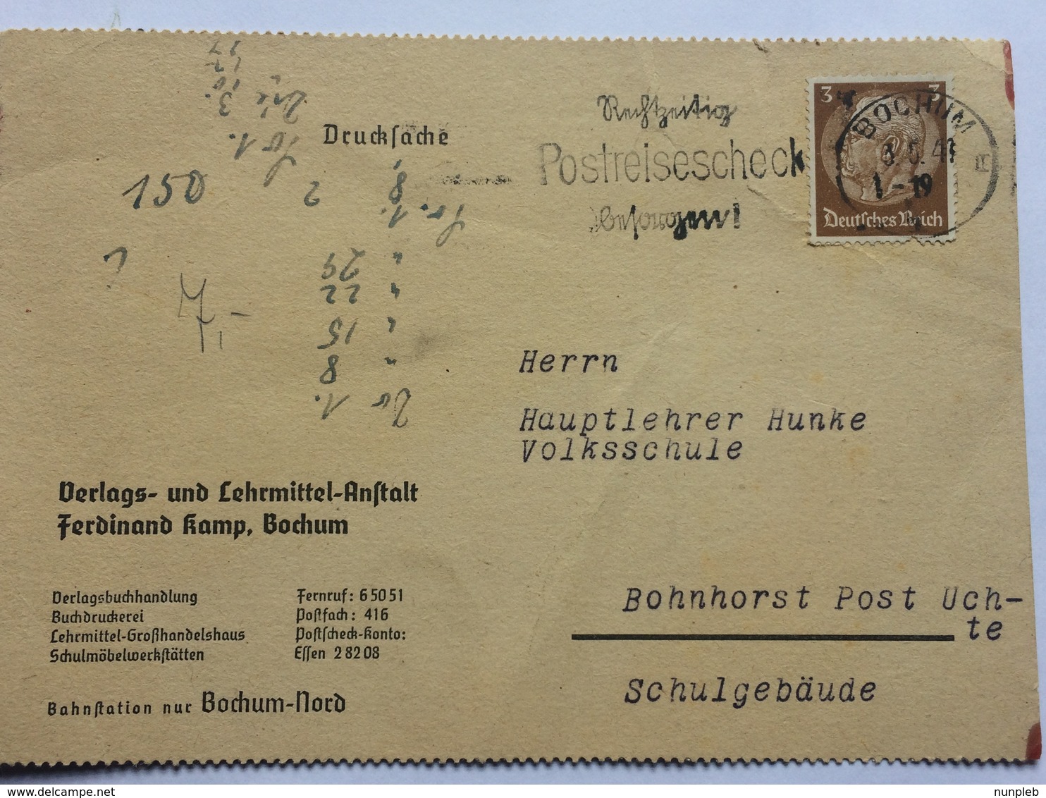 GERMANY 1941 Postcard Bochum `Postreisescheck` Slogan Postmark Military Cachet - Briefe U. Dokumente