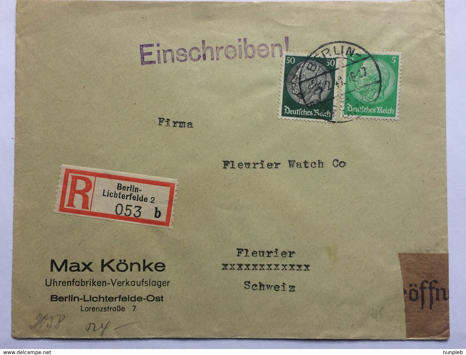 GERMANY 1941 Registered Einschreiben Cover Berlin Lichterfelde To Fleurier Switzerland With Censor Tape & Kenn Number - Storia Postale