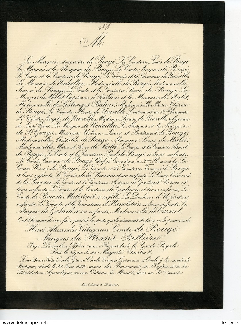 MOREUIL 80 FAIRE-PART DE DECES DU COMTE DE ROUGE MARQUIS DE PLESSIS-BELLIERE 1888 - Décès