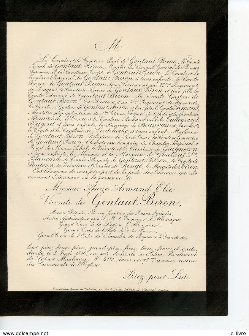 PARIS 75 FAIRE-PART DE DECES DE ANNE ARMAND ELIE VICOMTE DE GONTAUT-BIRON 1890 - Obituary Notices