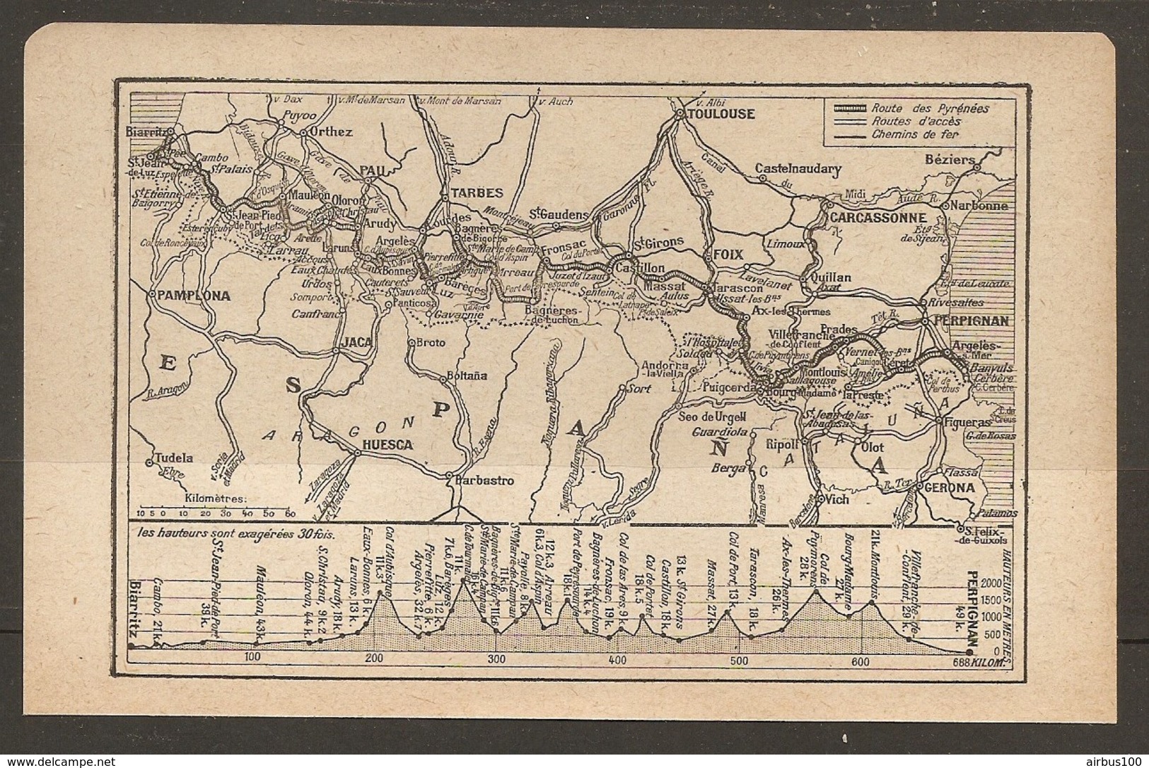 CARTE PLAN 1921 - ROUTE Des PYRENEES CHEMIN De FER BIARRIYZ OLORON PAU PERPIGNAN TARBES MASSAT FOIX ESPAGNE SPAIN - Cartes Topographiques