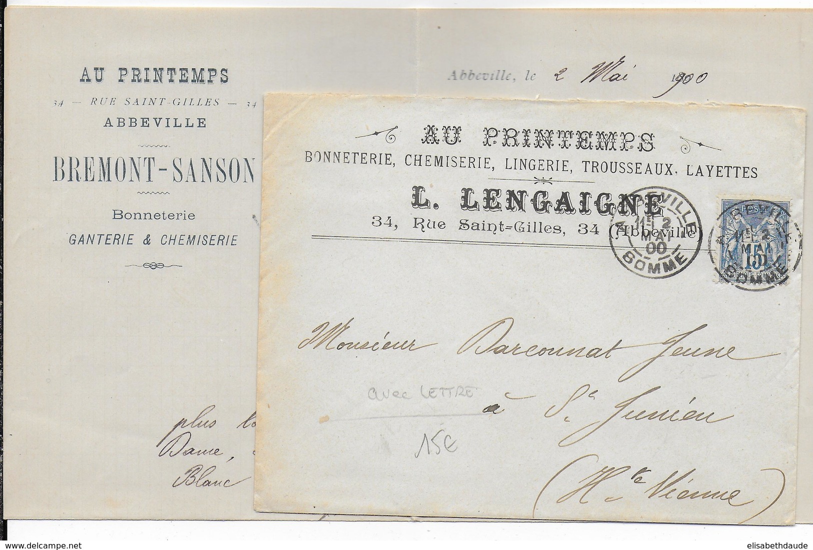 1900 - SOMME - ENVELOPPE + LETTRE COMMERCIALE De ABBEVILLE Avec DAGUIN 2 BD => ST JUNIEN - 1877-1920: Semi Modern Period