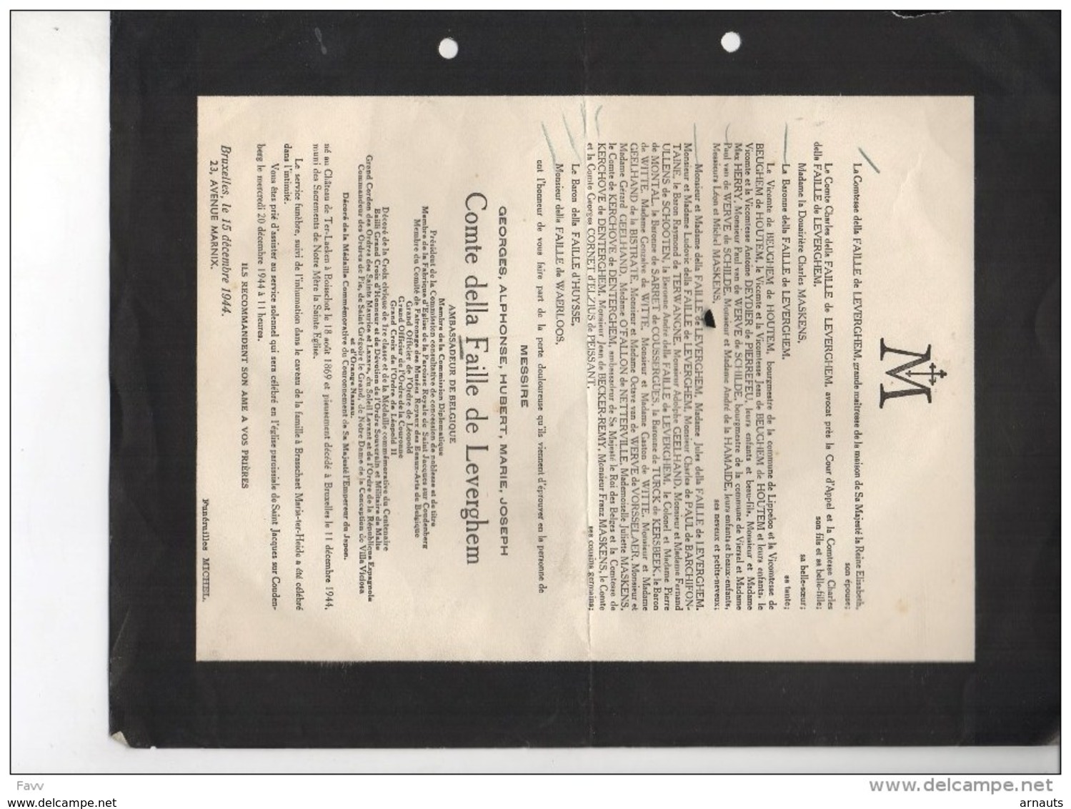 Messire Georges Della Faile De Leverghem Ambassadeur Belgique °BOisscot 1869 +11/12/1944 Brasschaat Diplomatique De La - Obituary Notices