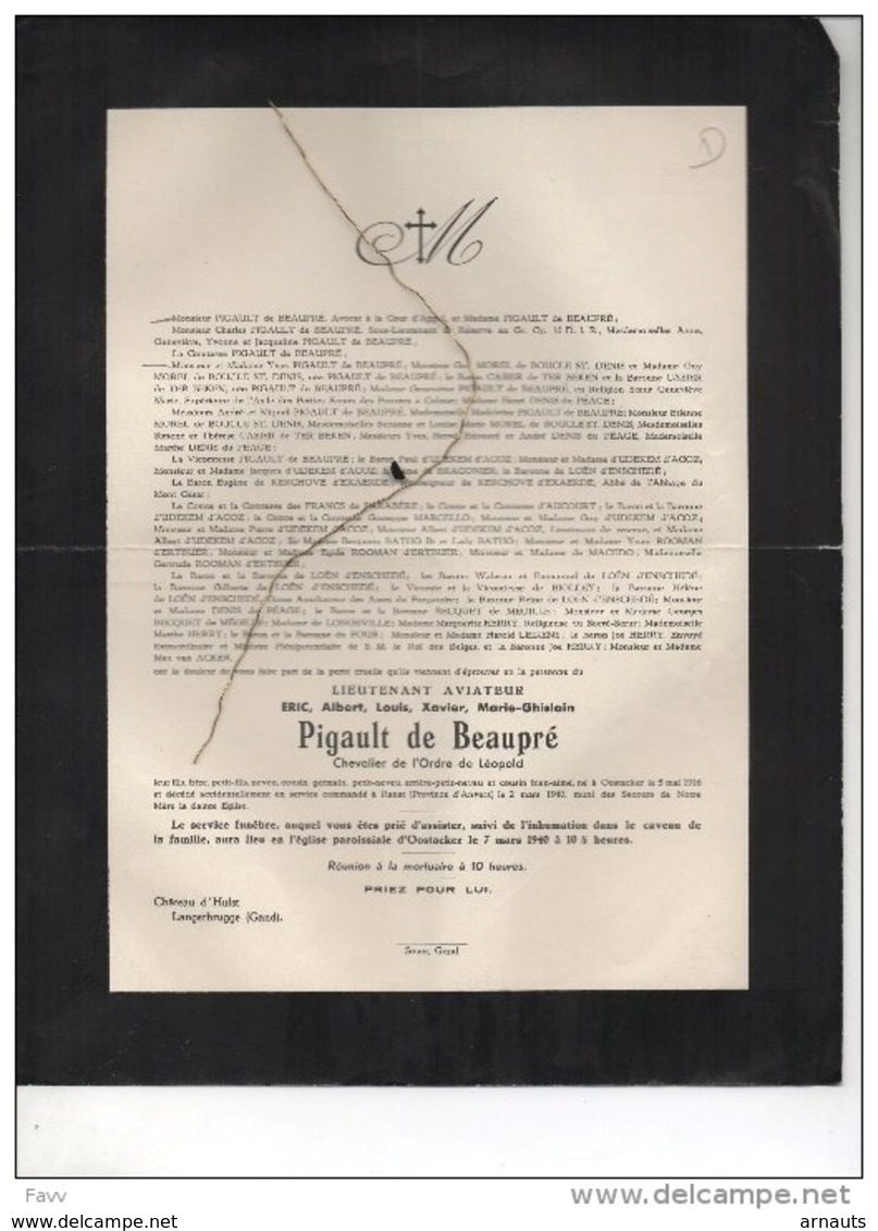 WOII Lieutenant Aviateur Pigault De Beaupré °Oostakker 1916+2/3/1940 Ranst Service Commandé Chateau D'Hulst Langerbrugge - Obituary Notices