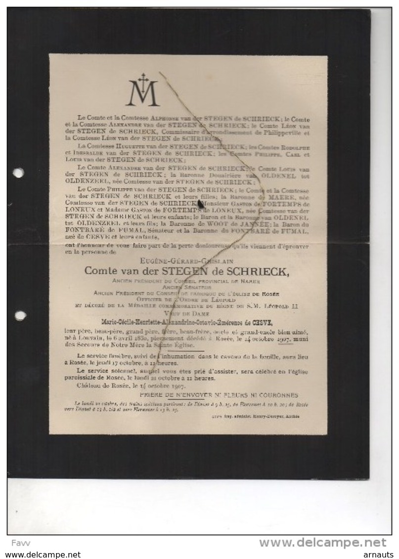 Eugène Comte Vander Stegen De Schrieck Senateur Conseil Namur Veuf De Cesve °Louvain 1830 +1907 Rosée Anthée De MAere - Obituary Notices