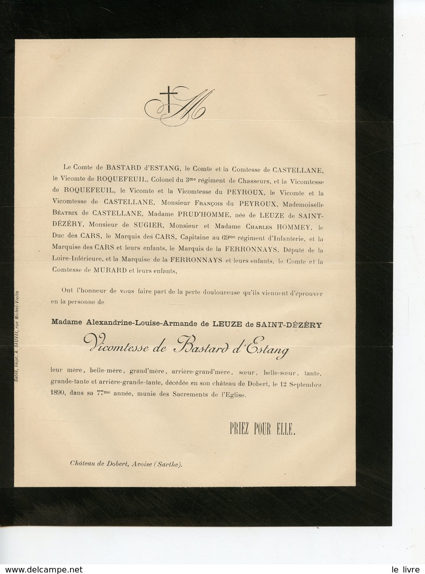 AVOISE 72 CHATEAU DE  DOBERT FAIRE-PART DE DECES DE LA VICOMTESSE DE BASTARD D'ESTANG 1890 - Obituary Notices