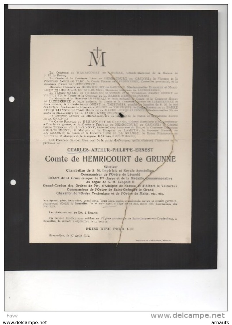 Charles Comte De Hemrocourt De Grunne Senateur Chambellan Royale Apostolique °1840+25/8/1911 Russon Bruxelles Liedekerke - Todesanzeige