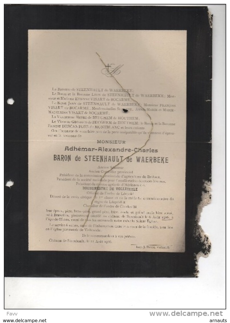 Baron De Steenhault De Waerbeke Senateur Conseiller Provincial Comice Agricole Hérinnes Bourgmestre Vollezele °1840+1906 - Obituary Notices