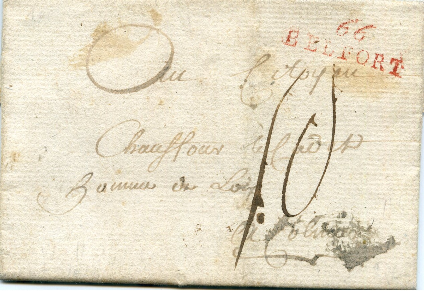 Lettre Avec Marque Linéaire 66 BELFORT En Rouge En Port Dû - 1792-1815: Départements Conquis