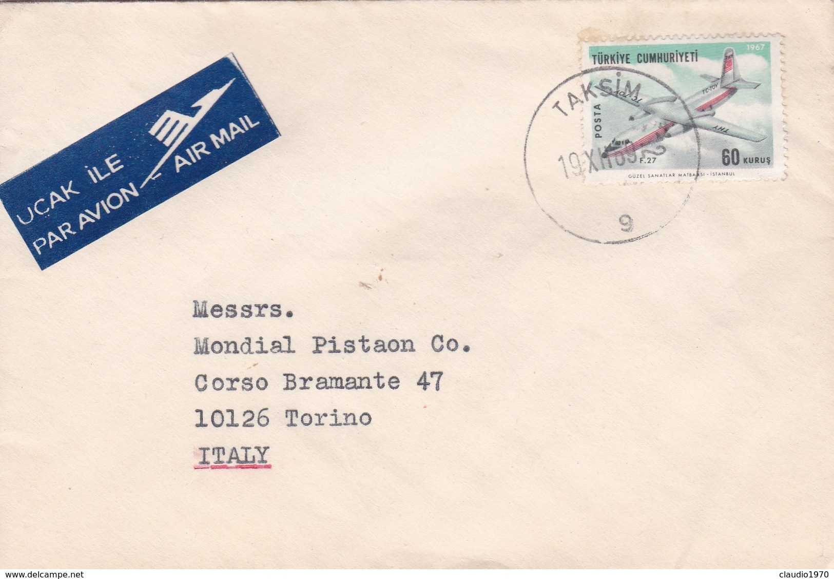 BUSTA VIAGGIATA  AIR MAIL - TURCHIA - TAKSIM - VIAGGIATA PER TORINO / ITALIA - Storia Postale